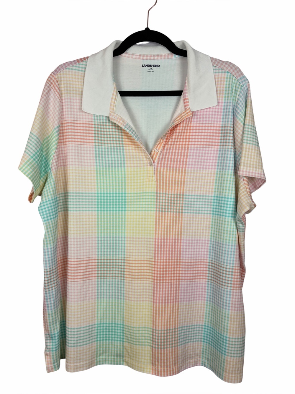 Lands’ End Supima Cotton Polo Shirt Women’s 2X Pastel Plaid Short Sleeve Golf